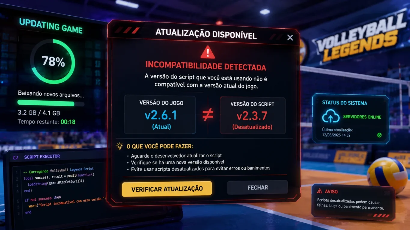 [Imagem: Tela ilustrando atualização de jogo e aviso de incompatibilidade entre versões.]