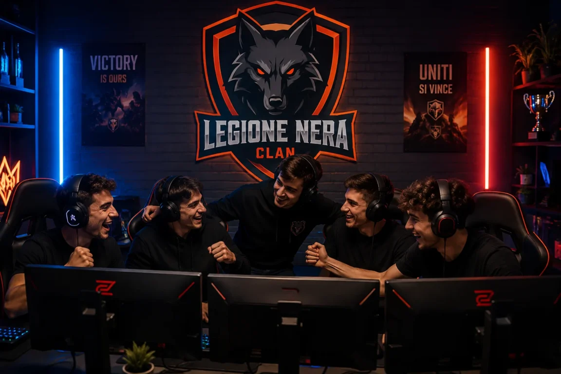 [Immagine: gruppo di gamer italiani riuniti davanti a monitor da gaming, con un grande emblema di clan sullo sfondo]