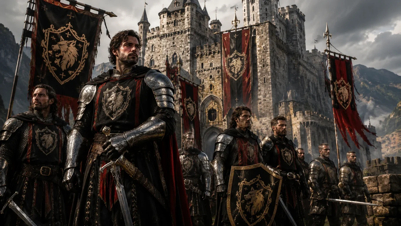 [Immagine: cavalieri fantasy italiani davanti a un enorme castello medievale, con stendardi e stemmi di clan]