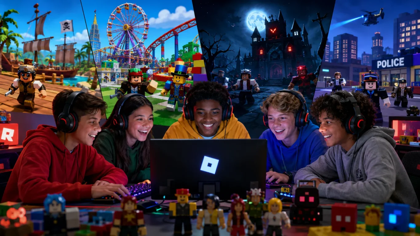 [Imagem: Grupo de amigos jogando Roblox em diferentes cenários da plataforma, como aventura, terror e roleplay.]