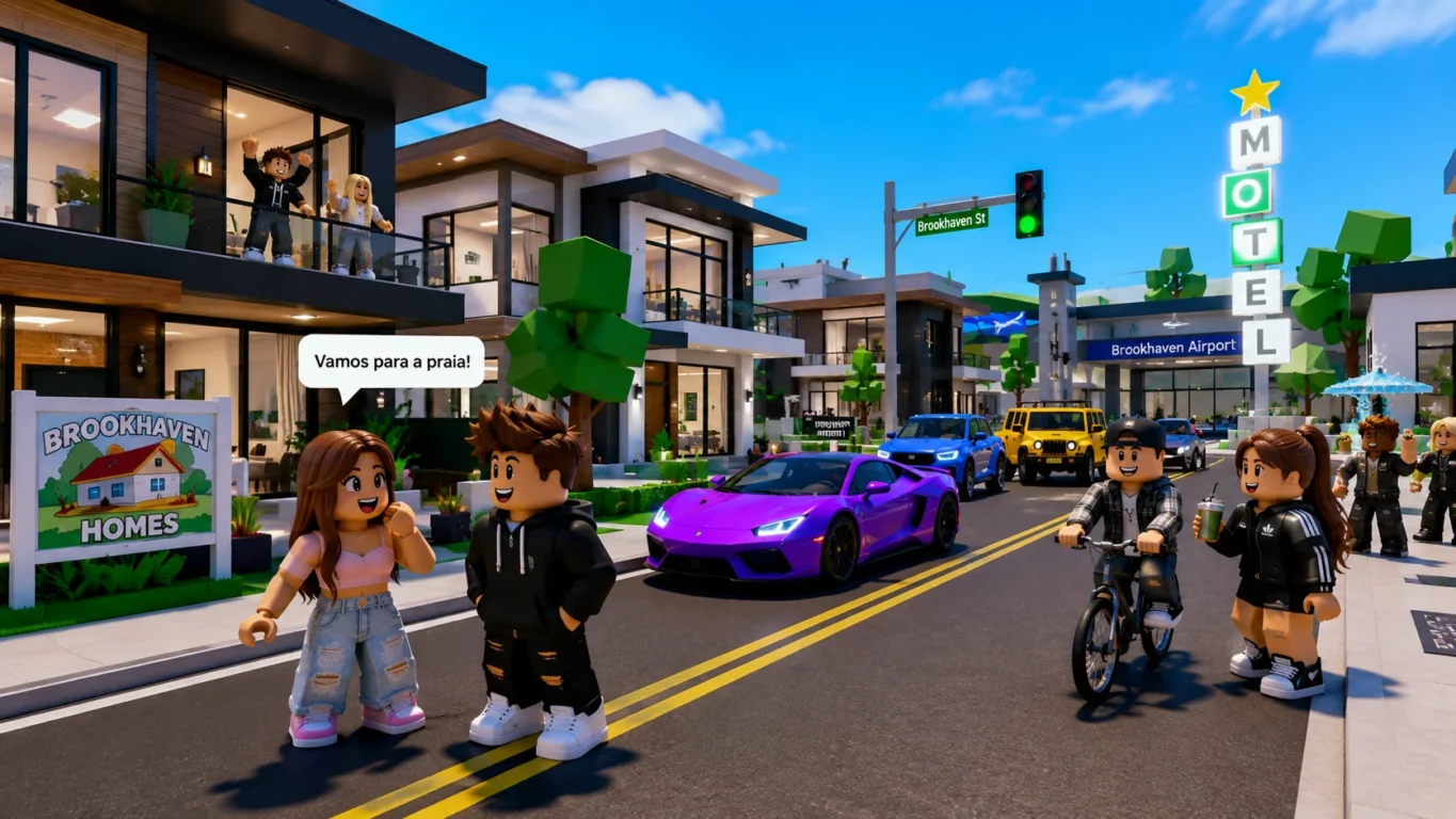 [Imagem: Casas modernas, carros e jogadores interagindo pelas ruas de Brookhaven RP.]