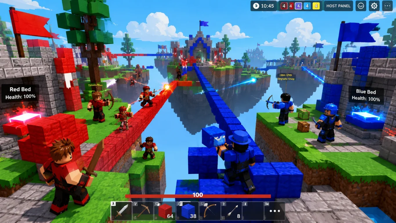 [Imagem: Equipes construindo pontes enquanto protegem suas bases em BedWars.]