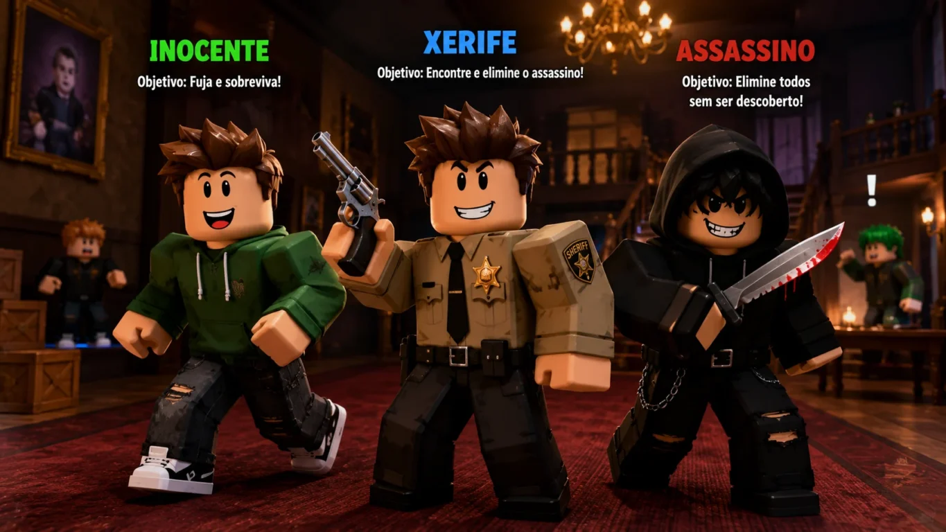 [Imagem: Três personagens representando os papéis de inocente, xerife e assassino.]