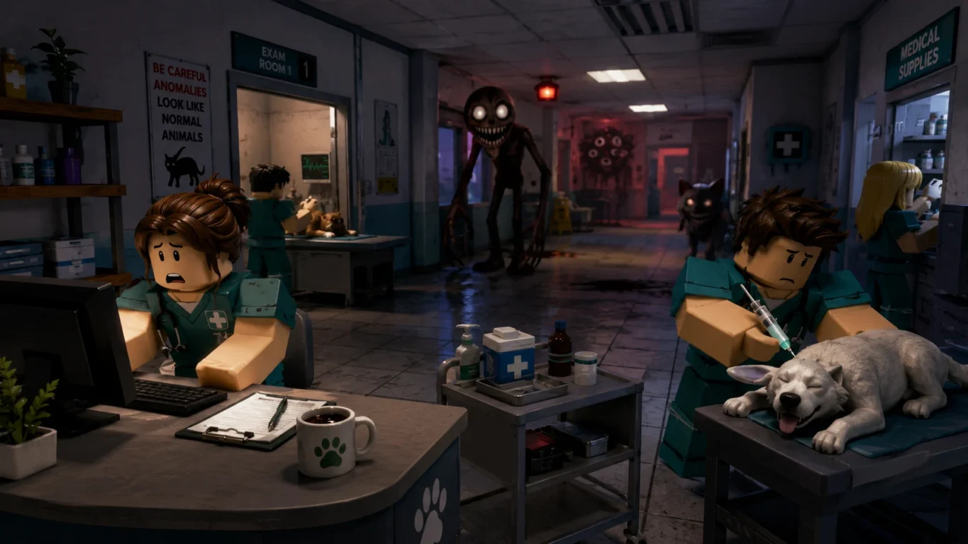 [Imagem: Jogadores trabalhando em um hospital veterinário enquanto criaturas assustadoras aparecem nos corredores.]