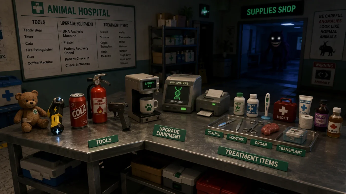 [Imagem: Mesa com os principais itens disponíveis em Animal Hospital.]