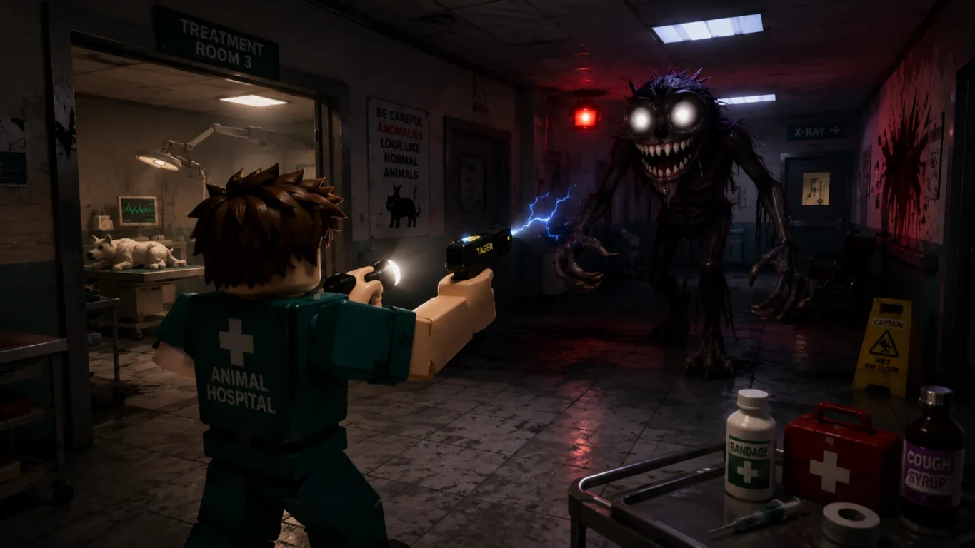 [Imagem: Jogador enfrentando uma criatura dentro do hospital veterinário.]