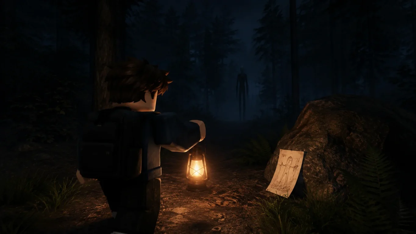 [Imagem: jogador explorando uma floresta escura enquanto procura páginas escondidas, com uma silhueta misteriosa ao fundo.]