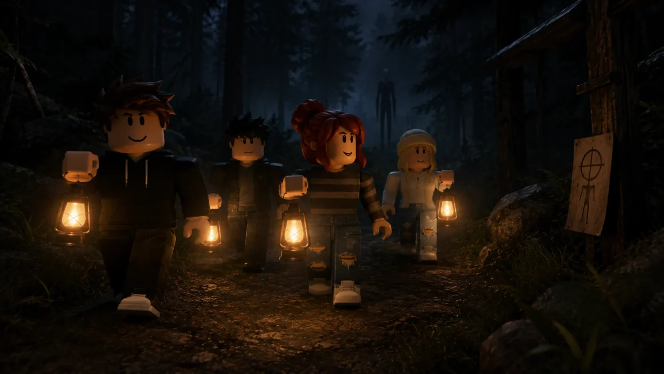 [Imagem: grupo de jogadores do Roblox caminhando juntos por uma área escura usando lanternas.]