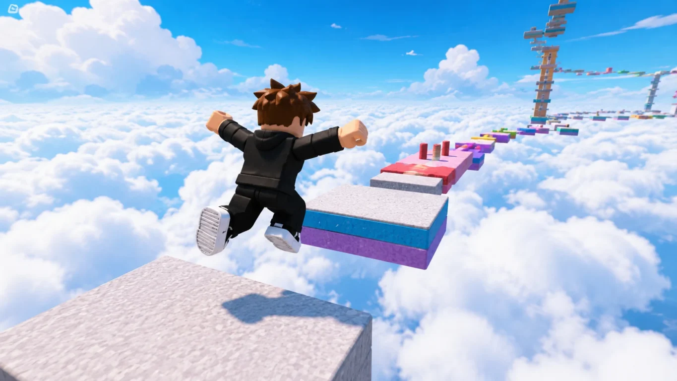 [Imagem: Jogador realizando um salto entre plataformas suspensas nas nuvens em um mapa de parkour do Roblox.]