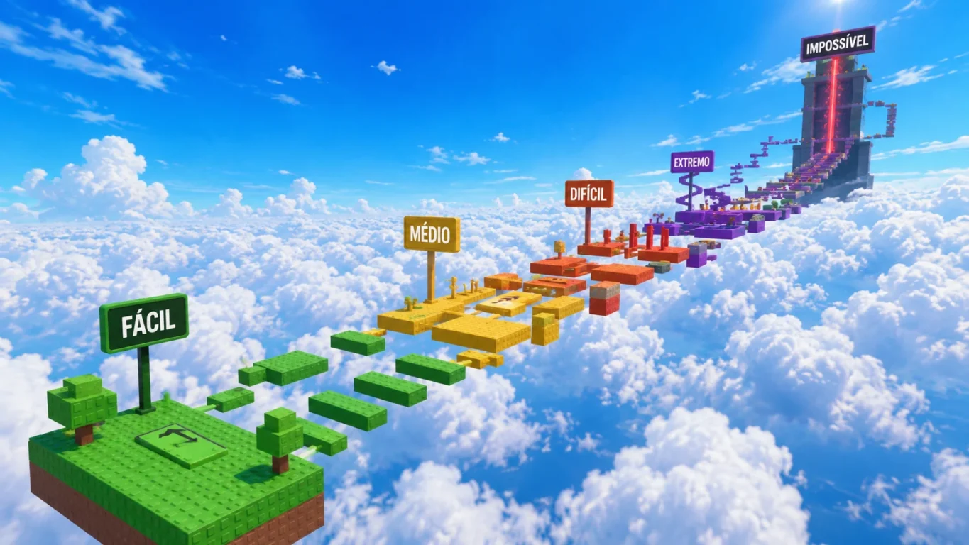 [Imagem: Sequência de plataformas flutuando nas nuvens com diferentes níveis de dificuldade.]