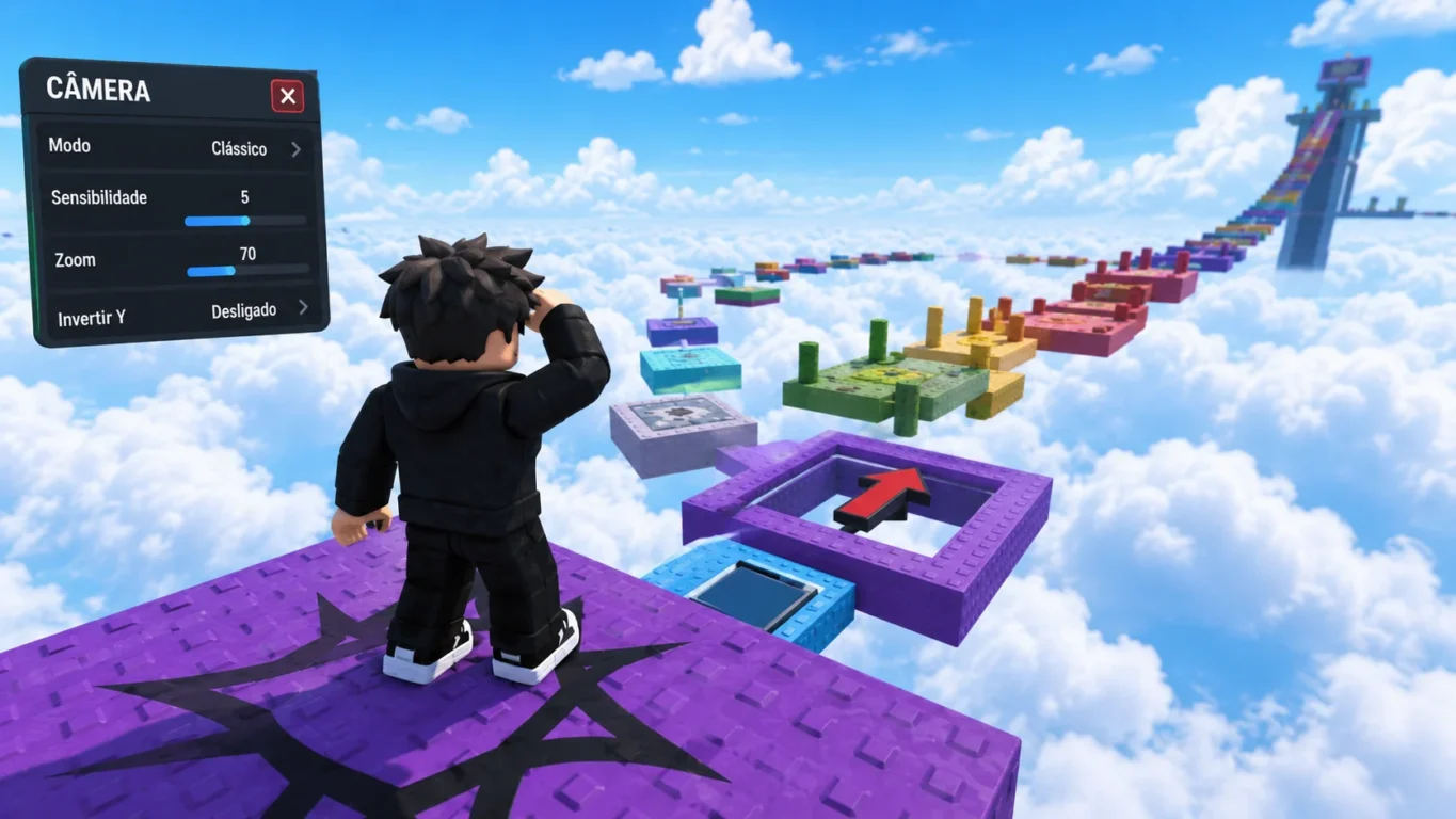 [Imagem: Jogador ajustando a câmera antes de realizar um salto difícil em um mapa obby.]