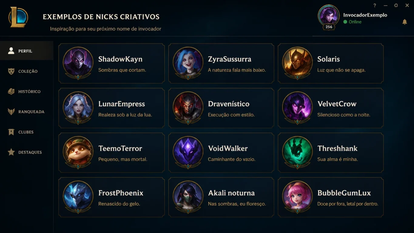 [Imagem: Diversos exemplos criativos de nicks exibidos em uma interface inspirada no League of Legends.]