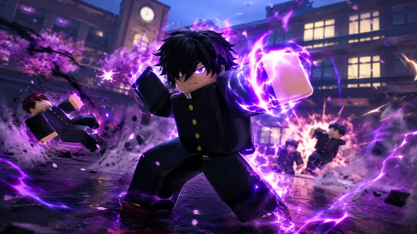[Imagem: personagem de Gakuran utilizando habilidades especiais durante uma batalha no Roblox]