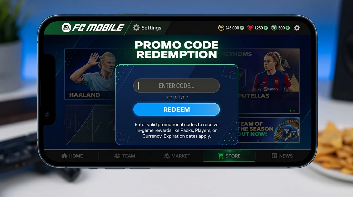 [Imagem: Tela do FC Mobile exibindo a área de resgate de códigos promocionais.]