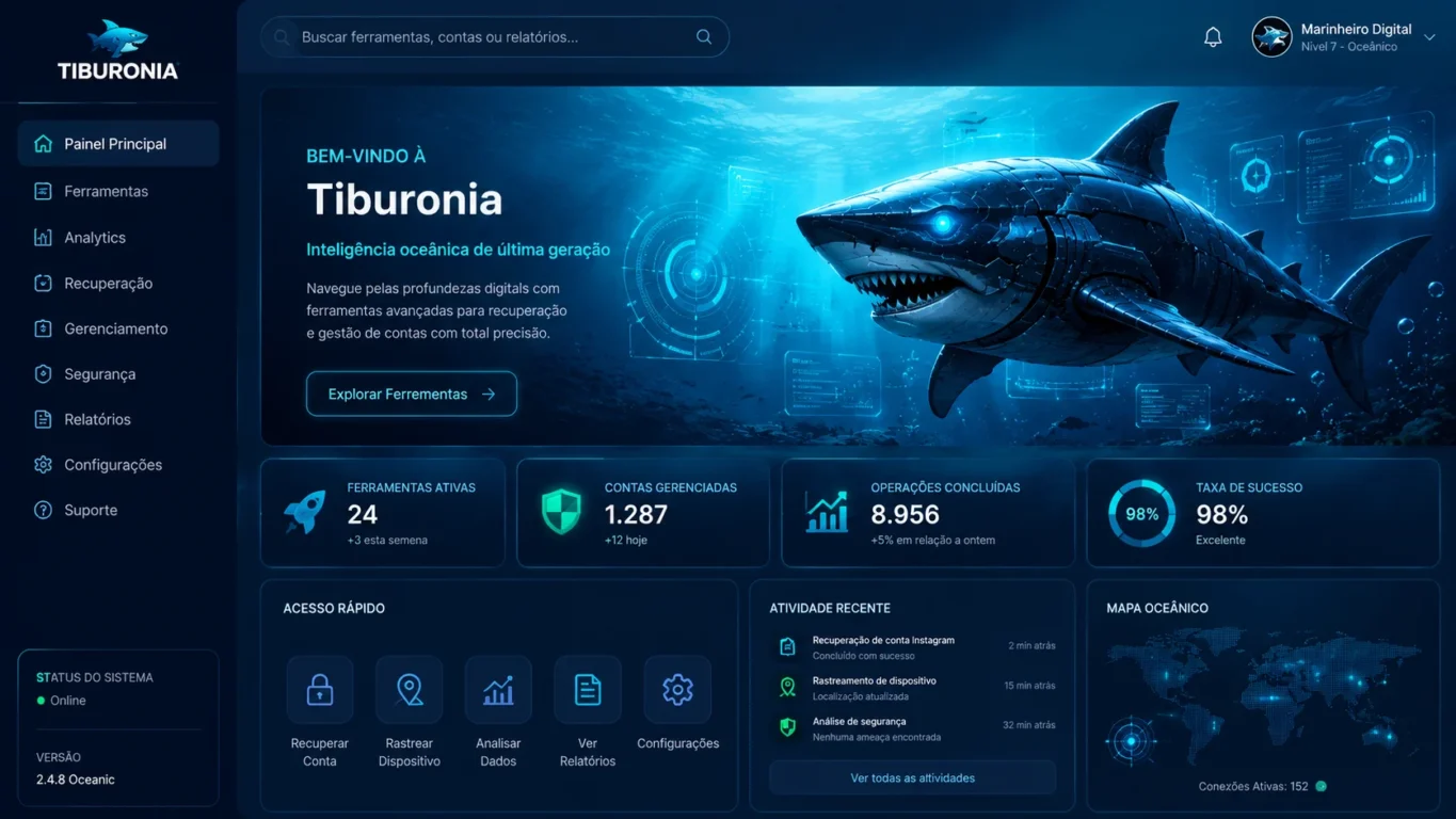 [Imagem: Interface moderna representando uma plataforma digital inspirada no oceano, com elementos de tecnologia e um tubarão estilizado.]