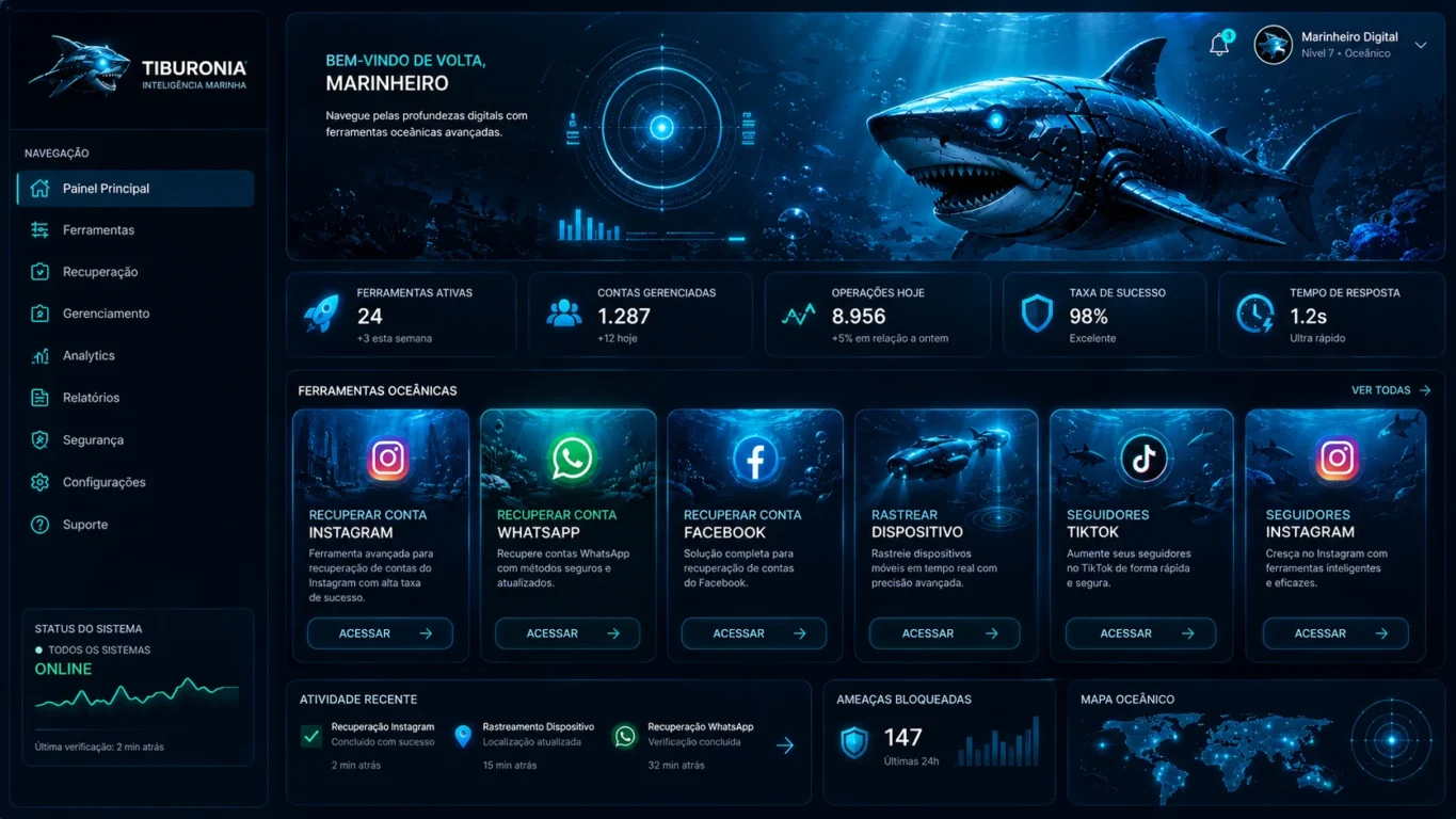 [Imagem: Painel de controle futurista com tema marinho exibindo várias categorias de ferramentas.]