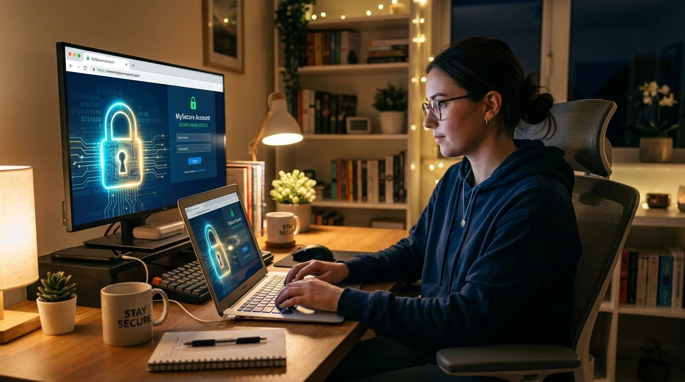 [Imagem: Pessoa utilizando um computador com cadeado digital simbolizando segurança online.]