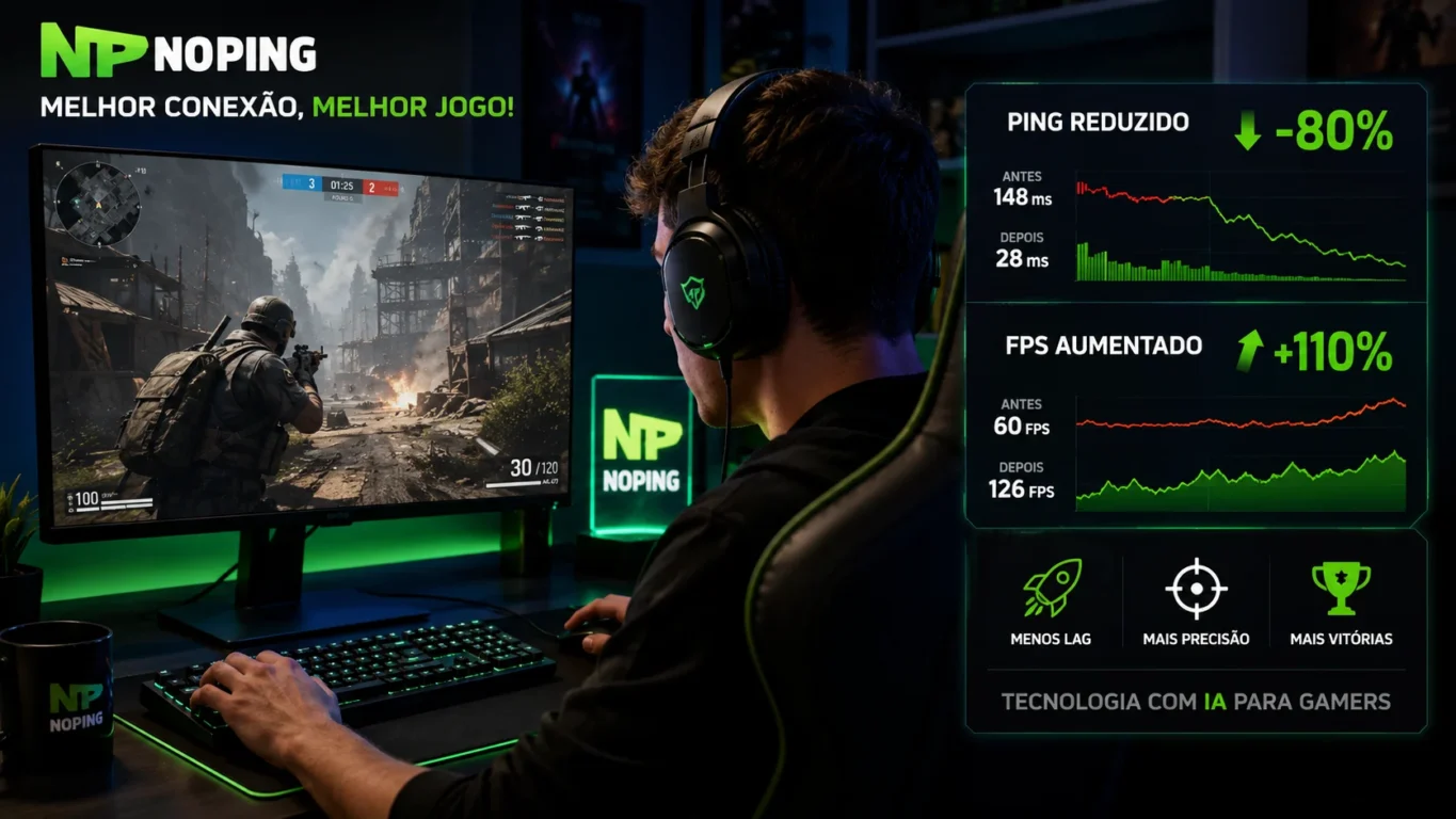 [Imagem: Gamer jogando no computador enquanto observa um gráfico mostrando redução de ping e aumento de FPS.]