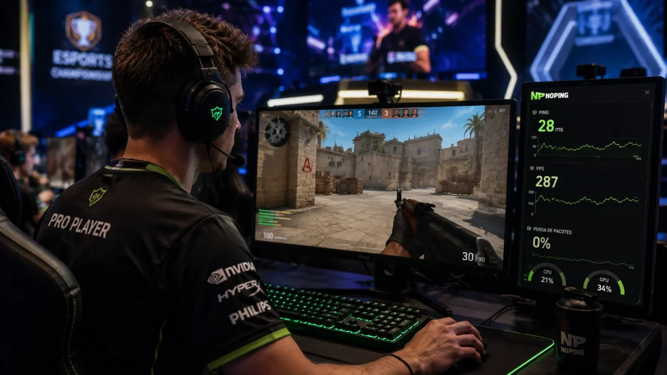 [Imagem: Jogador profissional utilizando computador gamer durante uma partida competitiva enquanto monitora ping e FPS.]

