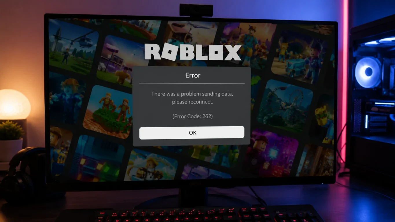 [Imagem: Tela do Roblox exibindo a mensagem Error Code 262 em um computador conectado à internet.]