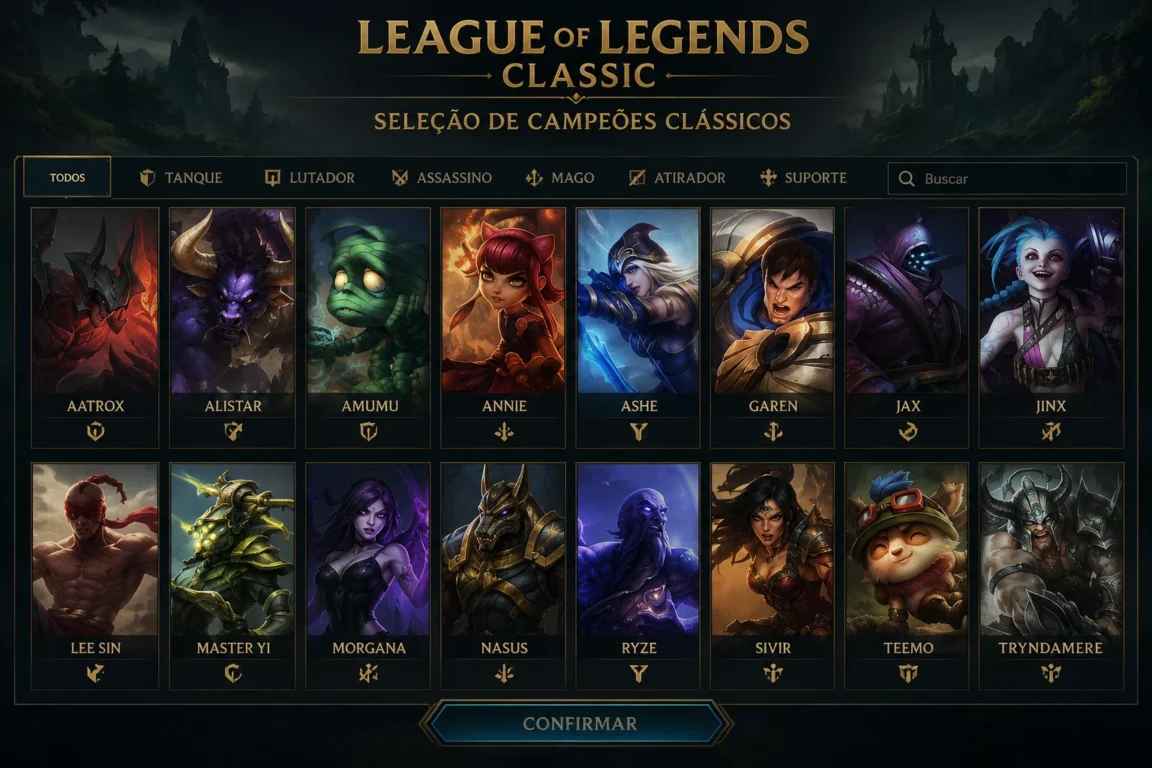 [Imagem: seleção de campeões clássicos do League of Legends]