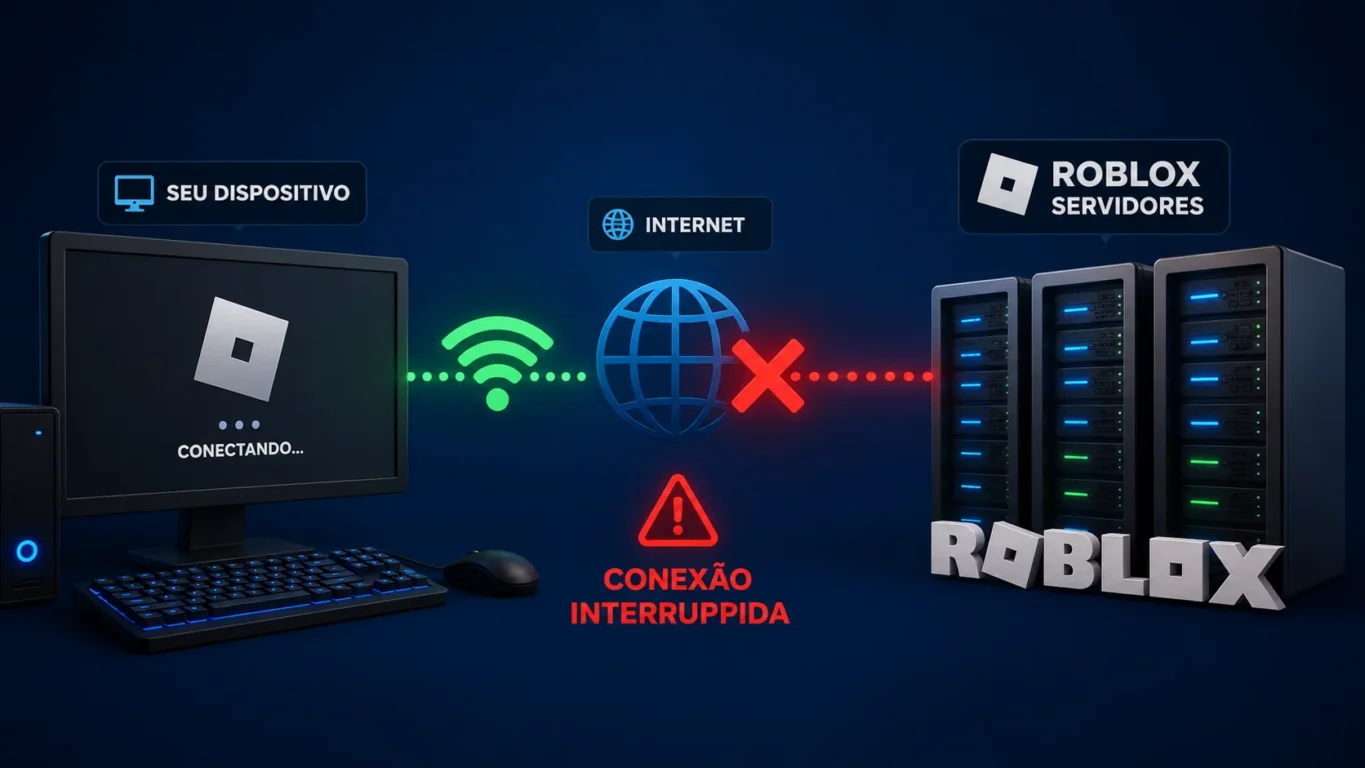 [Imagem: Ilustração mostrando um computador tentando se comunicar com os servidores do Roblox através da internet.]