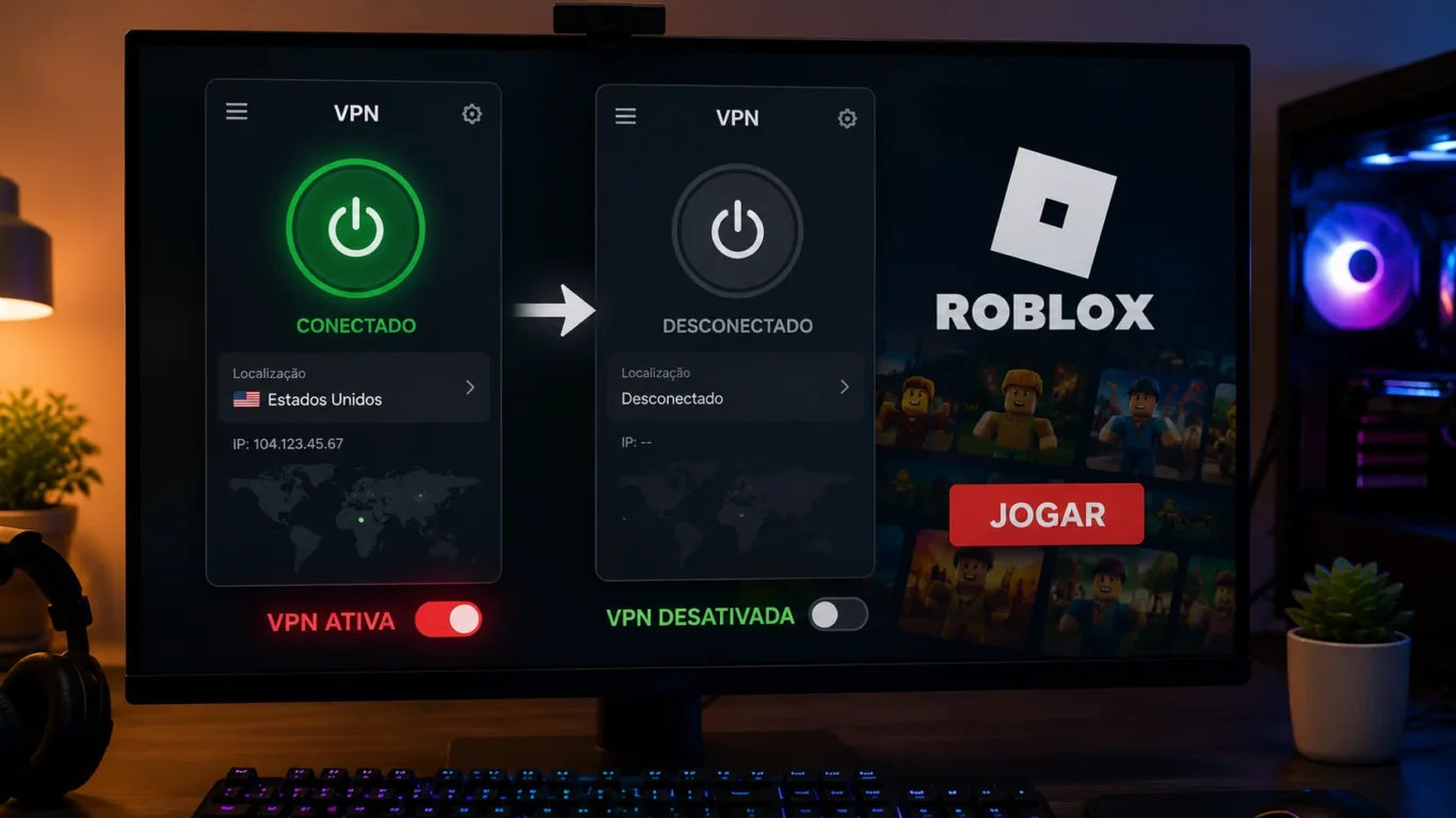 [Imagem: Computador com uma VPN sendo desligada antes da abertura do Roblox.]
