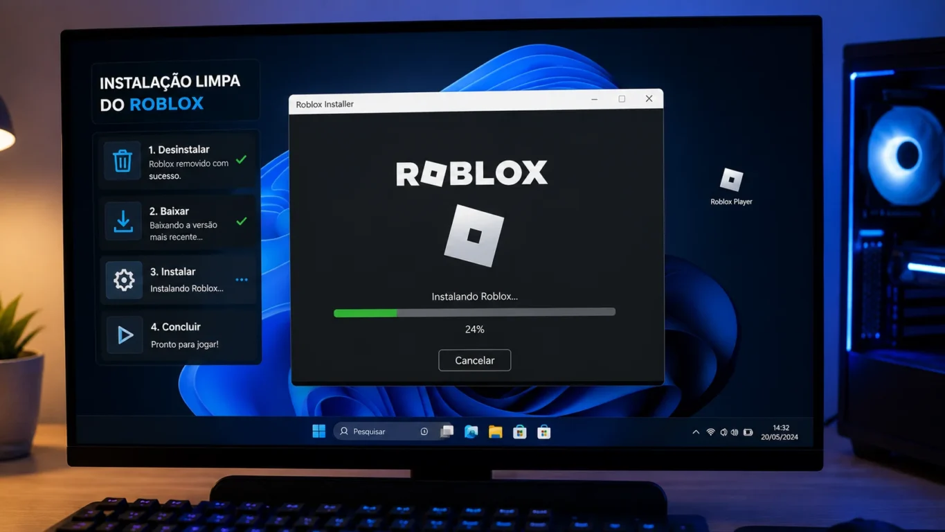 [Imagem: Processo de instalação limpa do Roblox em um computador Windows.]