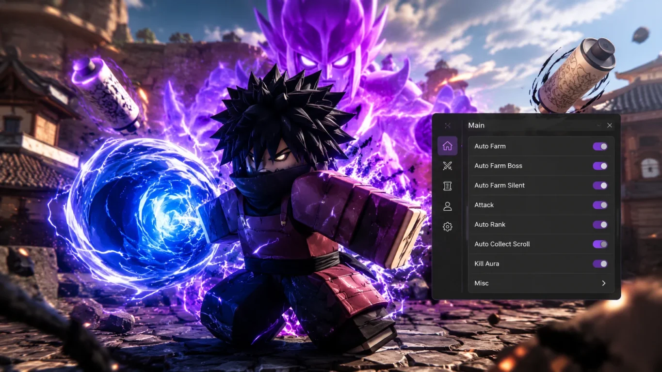[Imagem: Personagem de Shindo Life utilizando habilidades especiais enquanto uma interface de script aparece discretamente ao lado.]