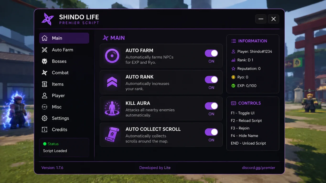 [Imagem: Interface exibindo as opções Auto Farm, Auto Rank, Kill Aura e Auto Collect Scroll em um menu organizado.]