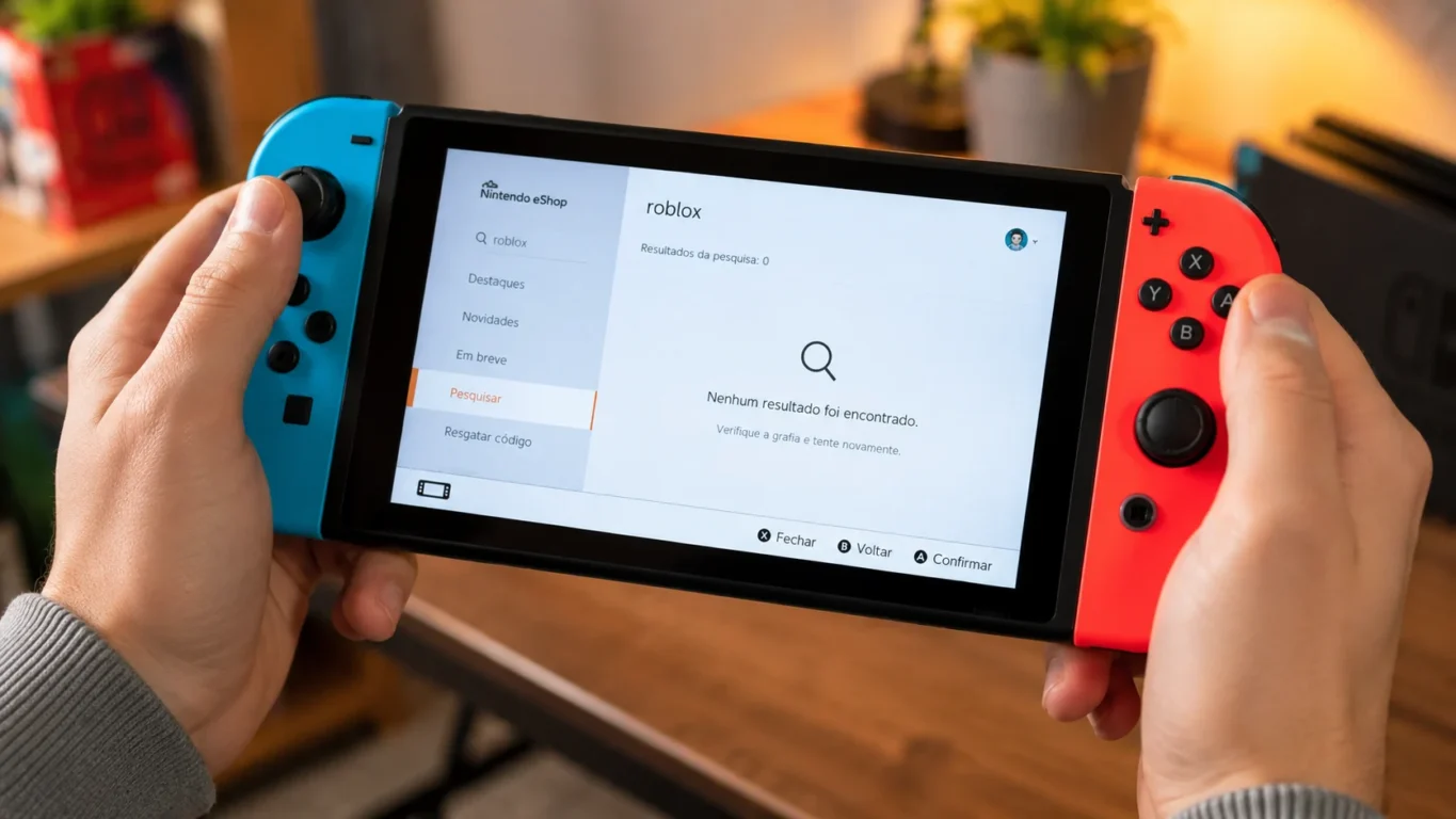 [Imagem: Pessoa segurando um Nintendo Switch enquanto observa a tela inicial do console procurando pelo Roblox na loja virtual.]