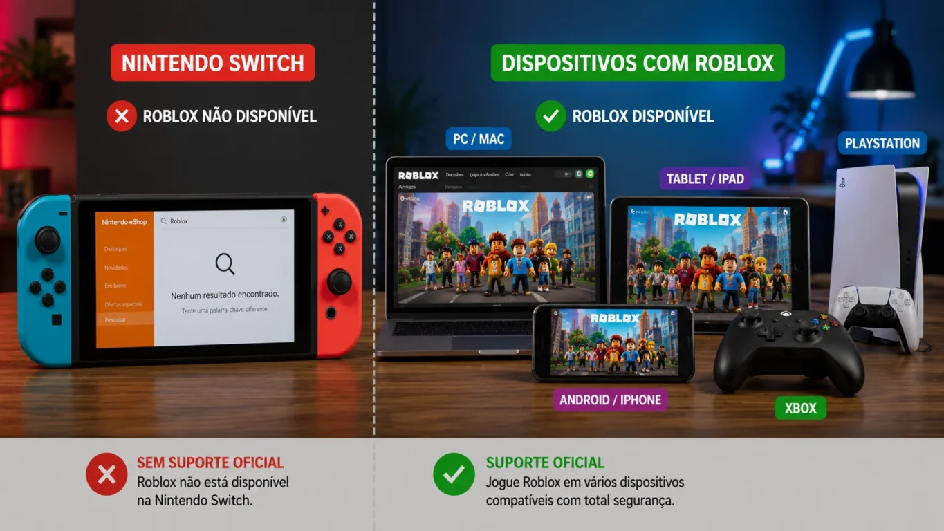 [Imagem: Comparação entre um Nintendo Switch sem Roblox e outros dispositivos compatíveis exibindo o jogo funcionando.]