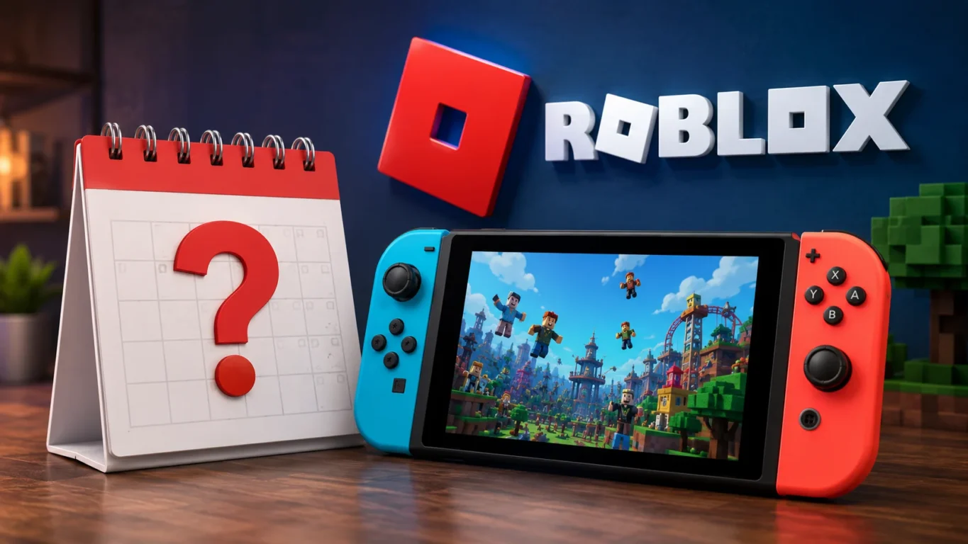 [Imagem: Ilustração mostrando um calendário com ponto de interrogação ao lado de um Nintendo Switch e do logotipo do Roblox.]