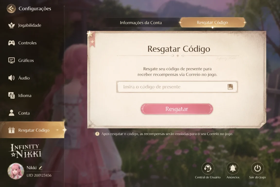 : tela mostrando o menu de resgate de códigos em Infinity Nikki