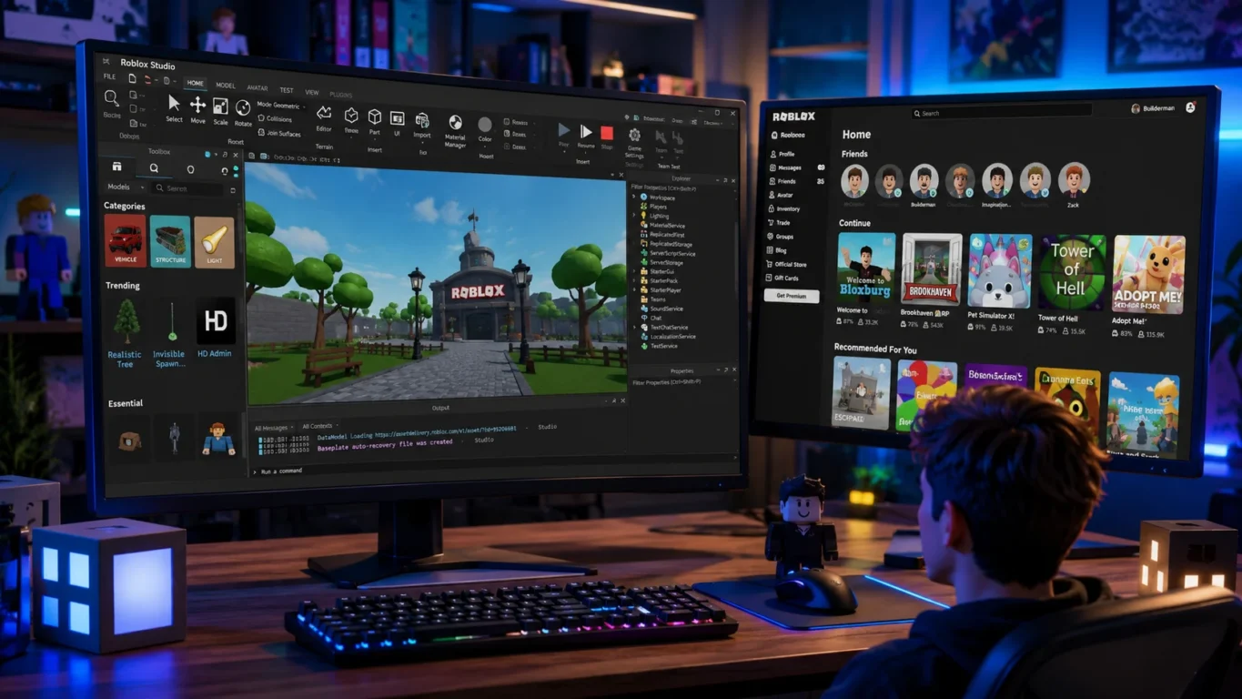 [Imagem: Computador exibindo Roblox Studio ao lado da interface do Roblox, representando ferramentas de desenvolvimento e personalização.]