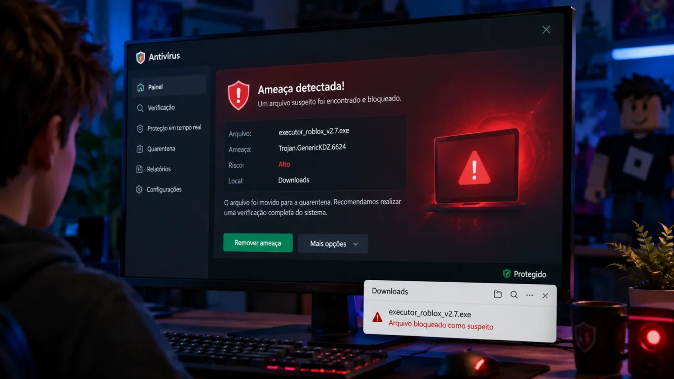 [Imagem: Tela de um antivírus detectando uma ameaça durante o download de um arquivo suspeito.]