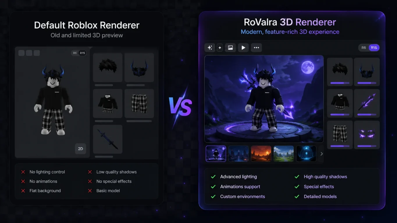 [Imagem: Comparação entre o visualizador padrão do Roblox e o renderizador 3D aprimorado do RoValra.]