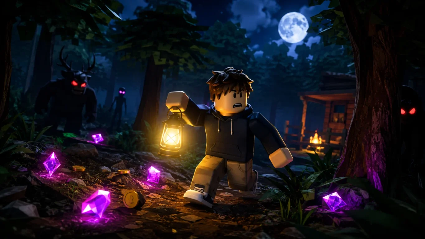 [Imagem: personagem explorando uma floresta escura no Roblox enquanto coleta gemas e enfrenta criaturas noturnas]