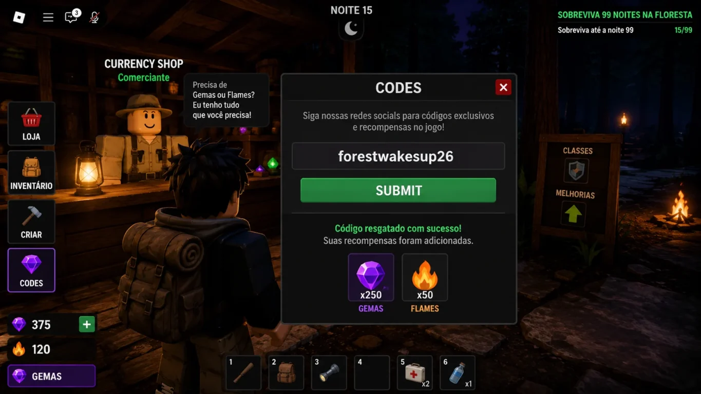 [Imagem: tela do menu de códigos dentro de 99 Noites na Floresta mostrando um jogador digitando um código promocional]