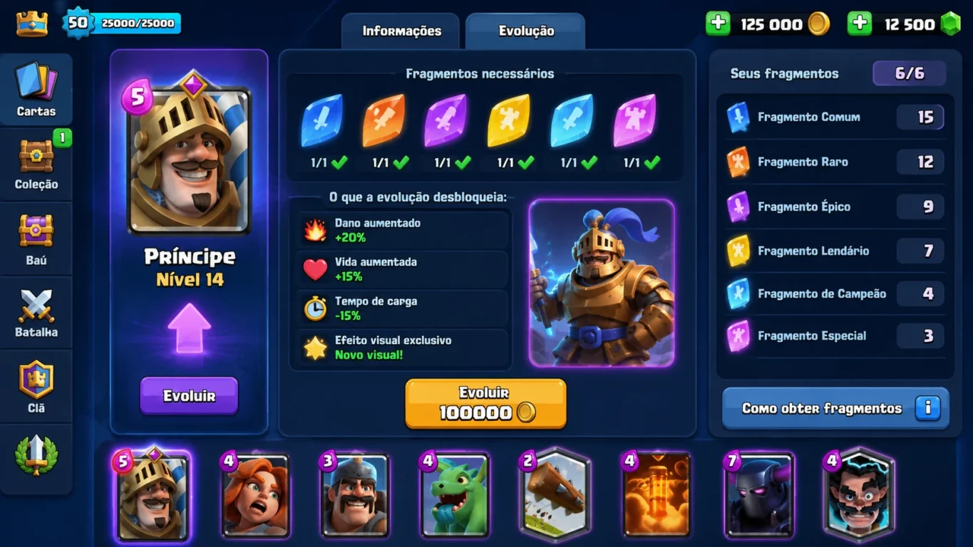 [Imagem: Interface do Clash Royale mostrando o sistema de fragmentos e evolução de cartas.]