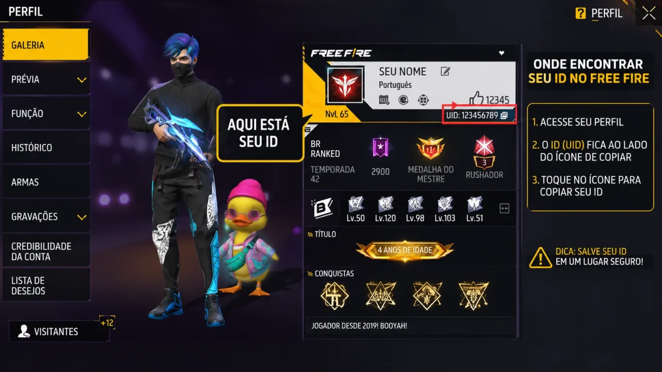 Tela do perfil do Free Fire destacando visualmente onde aparece o ID da conta
