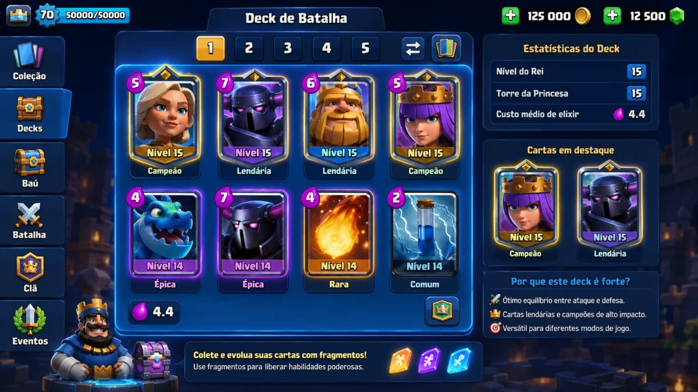 [Imagem: Deck competitivo do Clash Royale destacando cartas lendárias e campeões.]