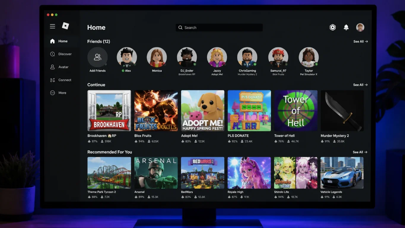 [Imagem: Interface inicial do Roblox exibindo o tema escuro ativado em um computador.]