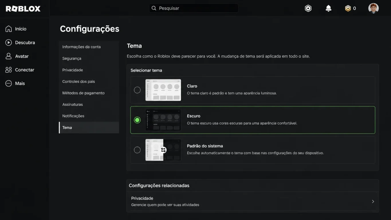 [Imagem: Tela de configurações do Roblox destacando a opção de seleção do tema escuro.]