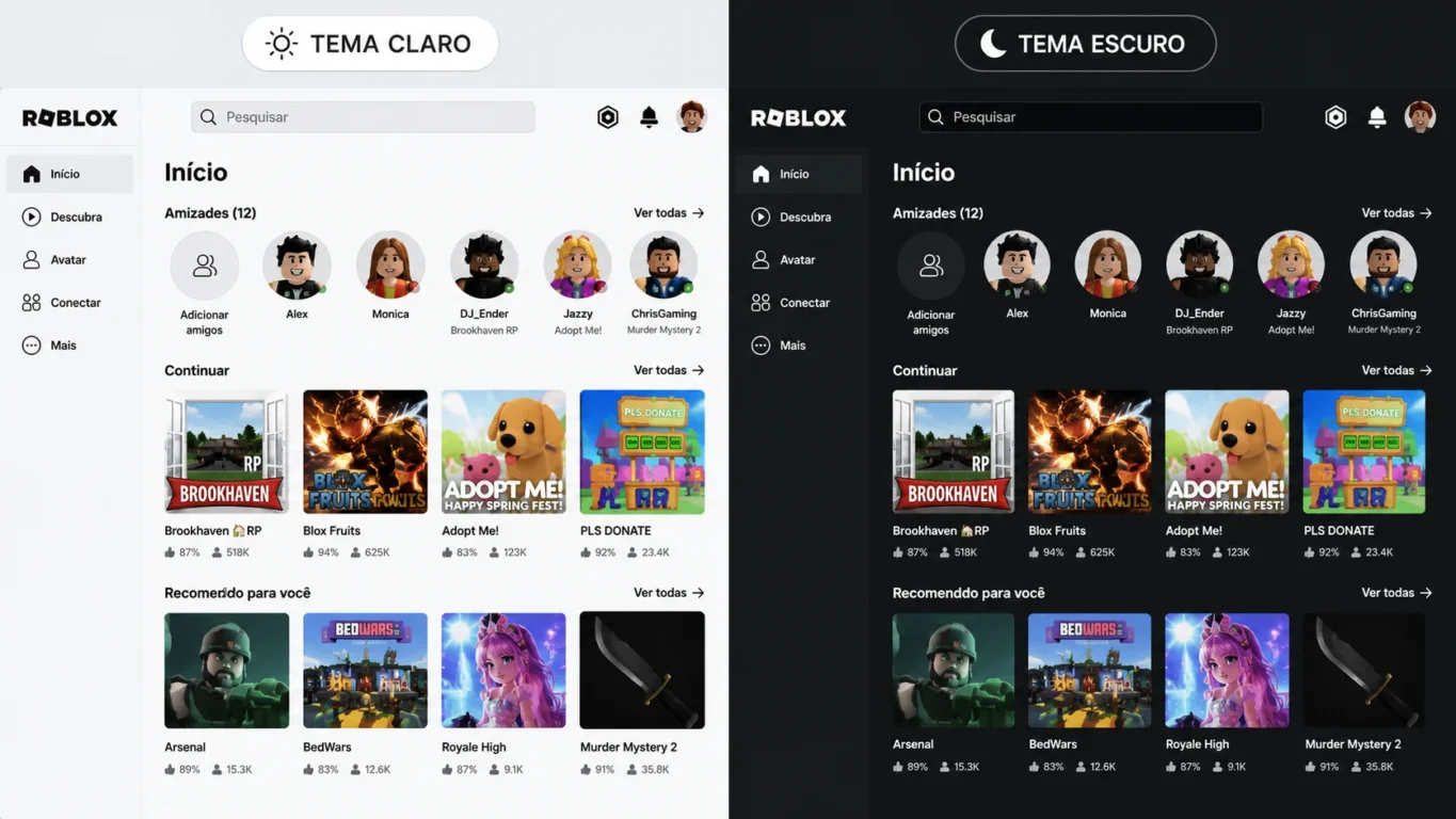 [Imagem: Comparação lado a lado entre a interface clara e a interface escura do Roblox.]