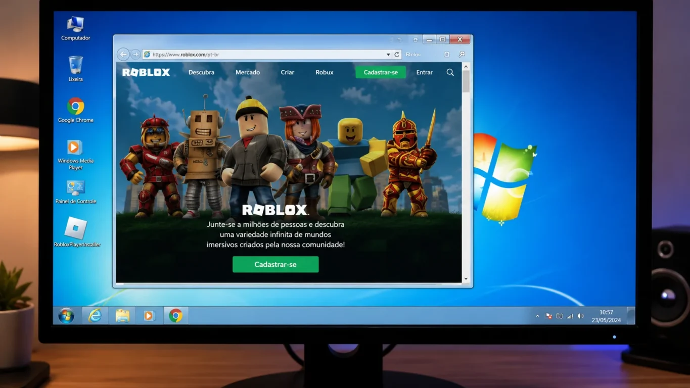 [Imagem: Tela de um computador com Windows 7 exibindo a página inicial do Roblox pronta para instalação.]