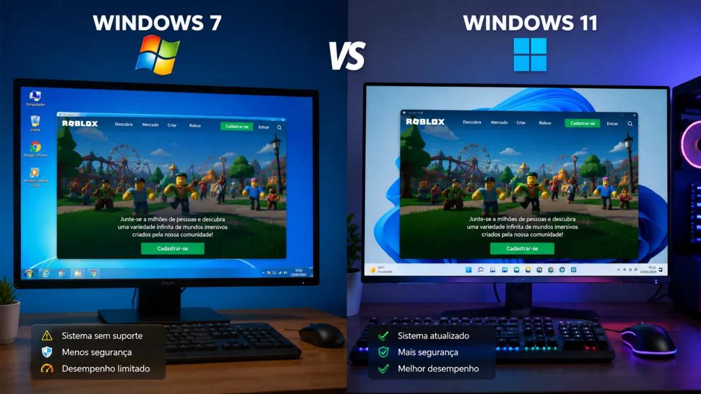 [Imagem: Comparação entre um computador com Windows 7 e outro com Windows 11 executando Roblox.]