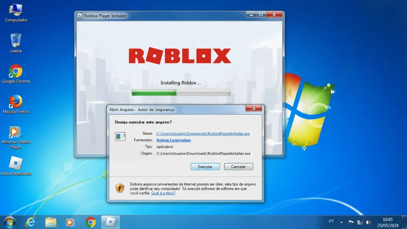 [Imagem: Janela do Windows 7 executando o instalador do Roblox como administrador.]