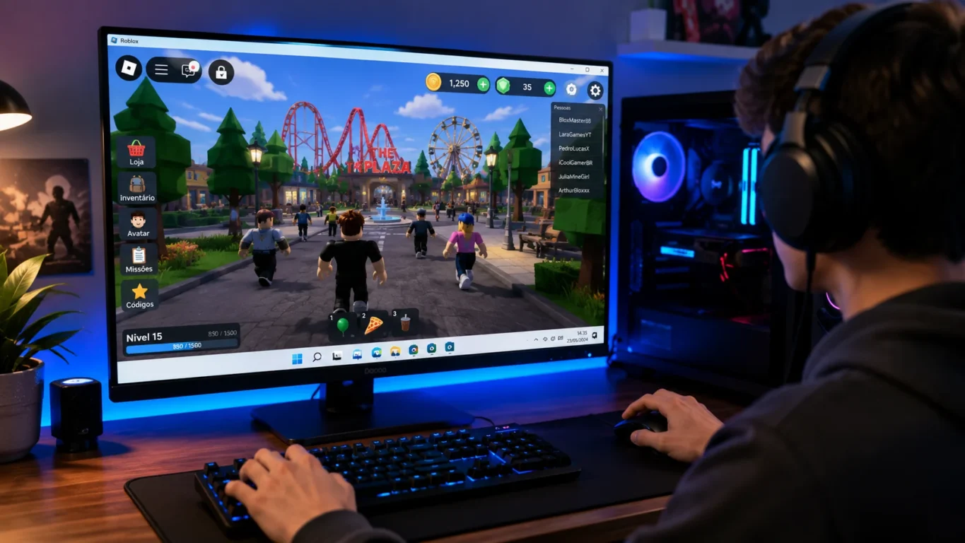 [Imagem: Usuário jogando Roblox em um computador moderno com Windows 11.]