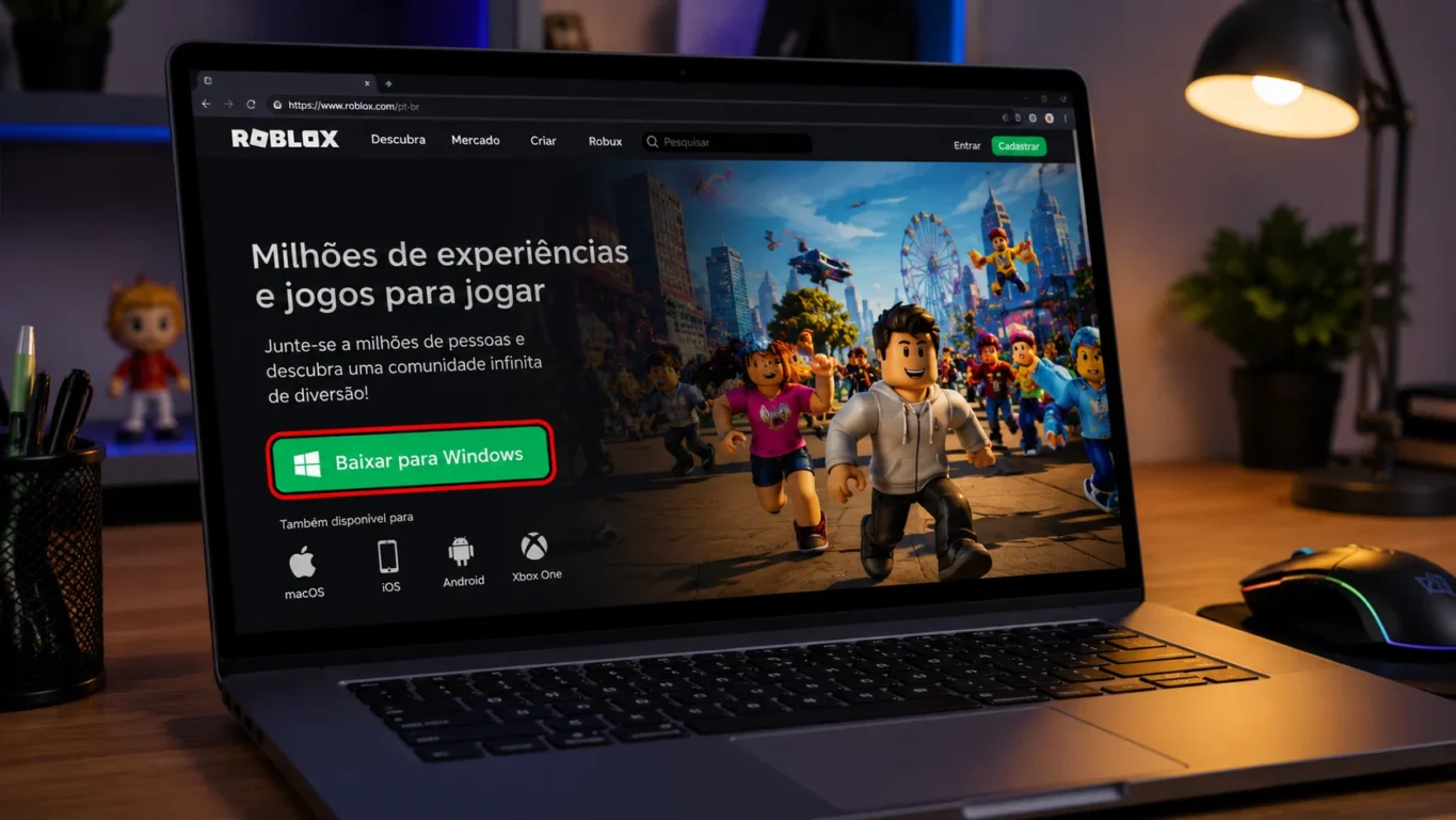 [Imagem: Notebook exibindo a página oficial do Roblox com o botão de download em destaque.]